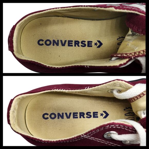 Converse Shoes Womens 7 Red Burgundy Maroon White Low Tops Skater Preppy Grunge - Picture 10 of 12